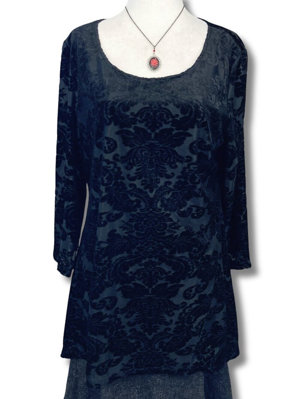 Y2K VINTAGE Black damask pattern burnout velvet top ~ Goth LARGE XL shirt blouse